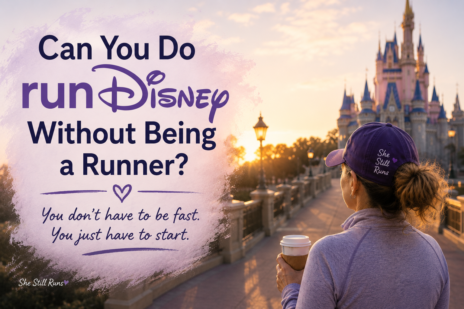 Woman in purple athletic wear looking toward Cinderella Castle at sunrise with the message "Can You Do runDisney Without Being a Runner?"