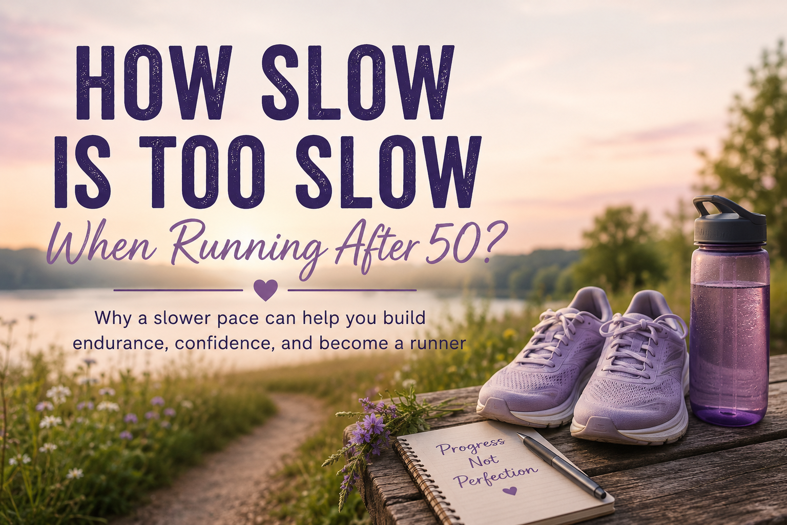 Running shoes and water bottle beside a trail for an article about slow running after 50