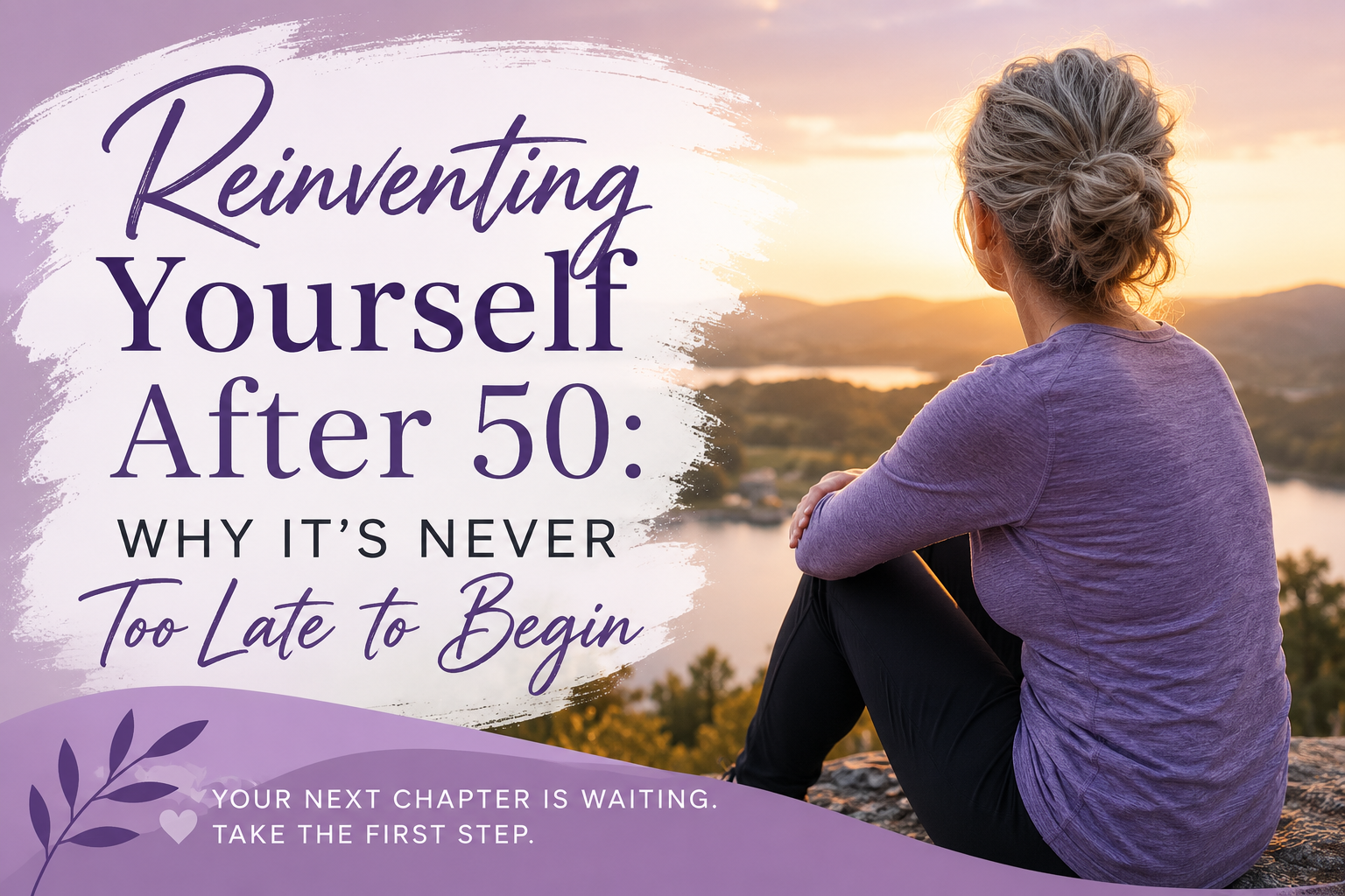 Woman over 50 looking out at a sunrise with text that says Reinventing Yourself After 50