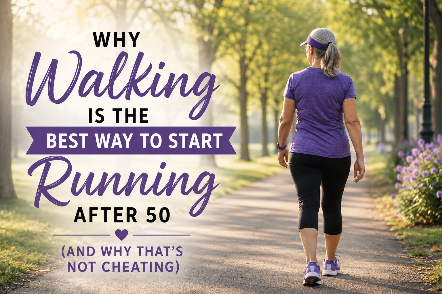 Woman walking on a tree-lined path while beginning a running journey after age 50.