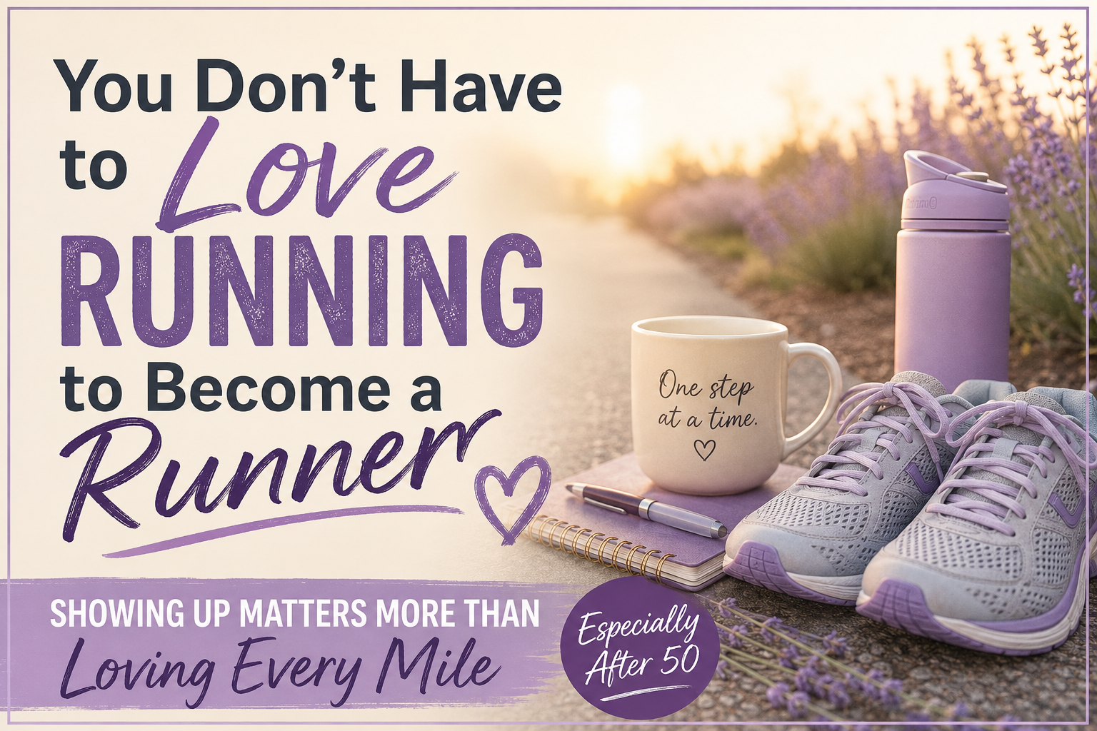 Running shoes, coffee, and a water bottle with the message "You Don't Have to Love Running to Become a Runner" for women over 50.