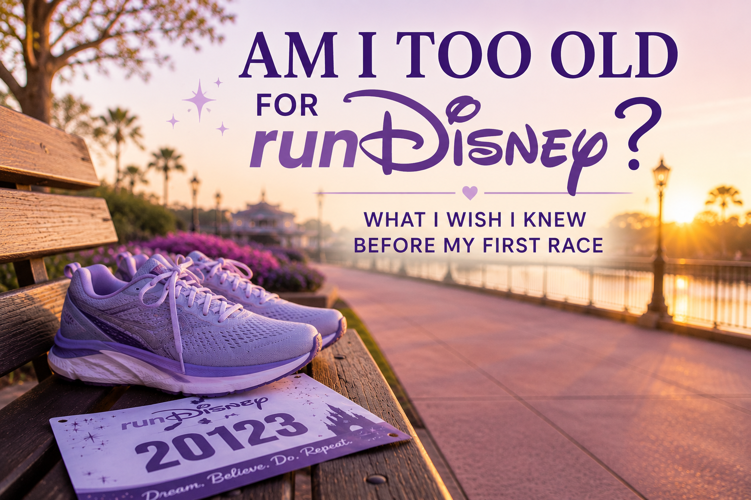 Purple running shoes resting on a park bench beside a race bib at sunrise, representing the journey to a first runDisney race after age 50.