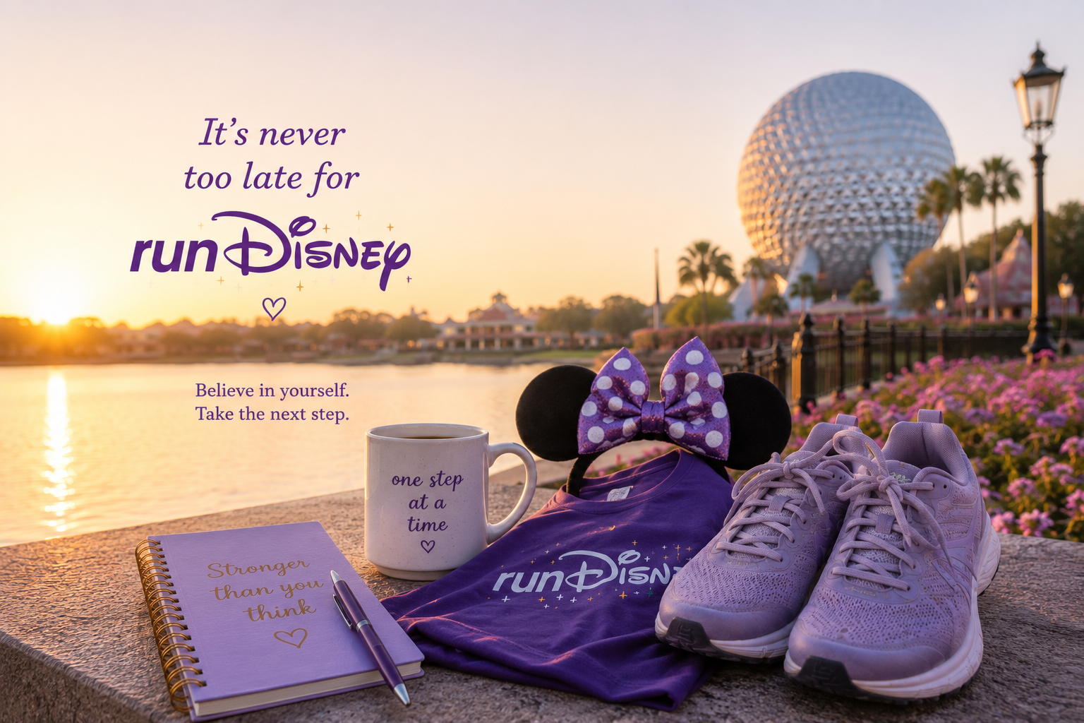 Purple running shoes and Disney-inspired race gear at sunrise near EPCOT
