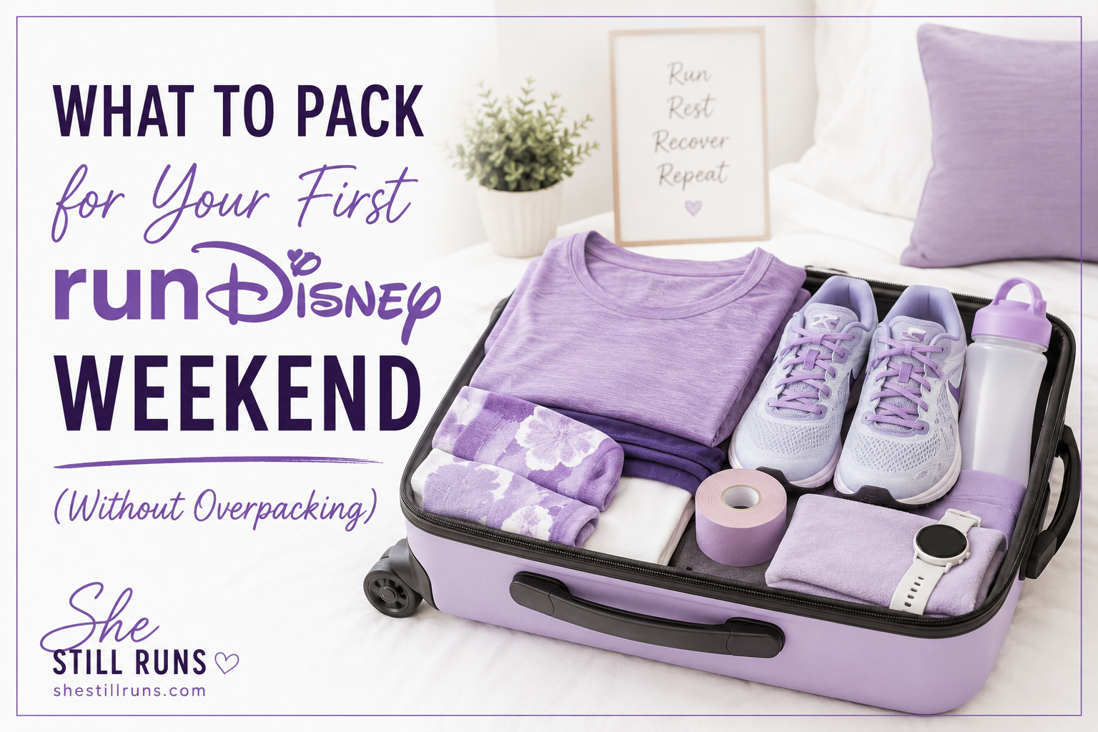 Featured image for What to Pack for Your First runDisney Weekend (Without Overpacking) showing a neatly packed suitcase with running shoes, clothing, and race weekend essentials.