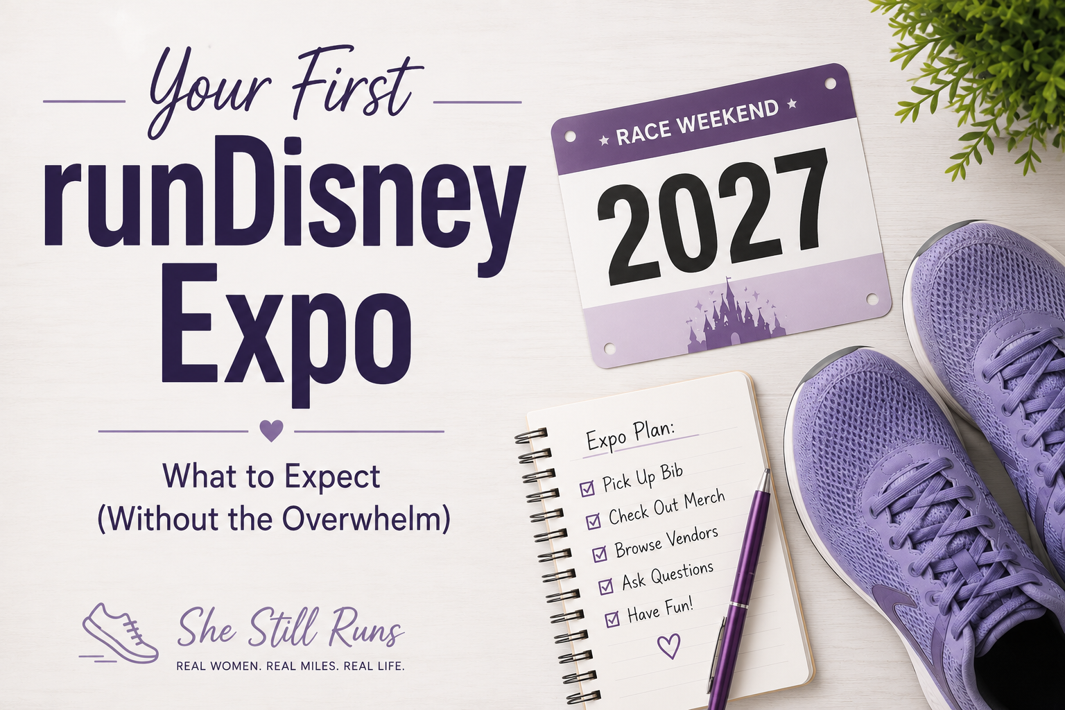 Featured image for Your First runDisney Expo: What to Expect (Without the Overwhelm) showing a race bib, running shoes, and an expo checklist.