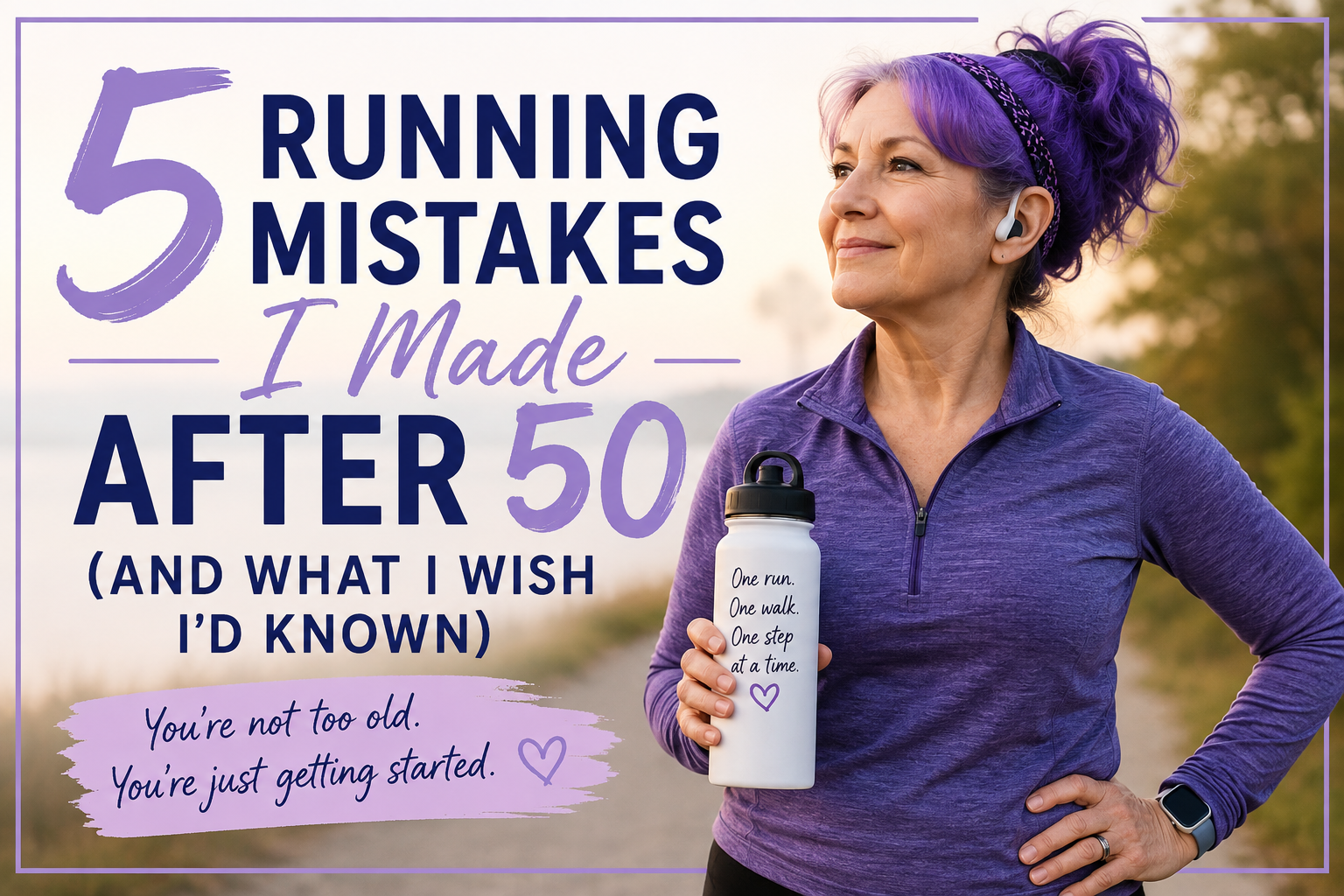 A woman over 50 in purple running gear stands confidently on a trail beside the headline "5 Running Mistakes I Made After 50."