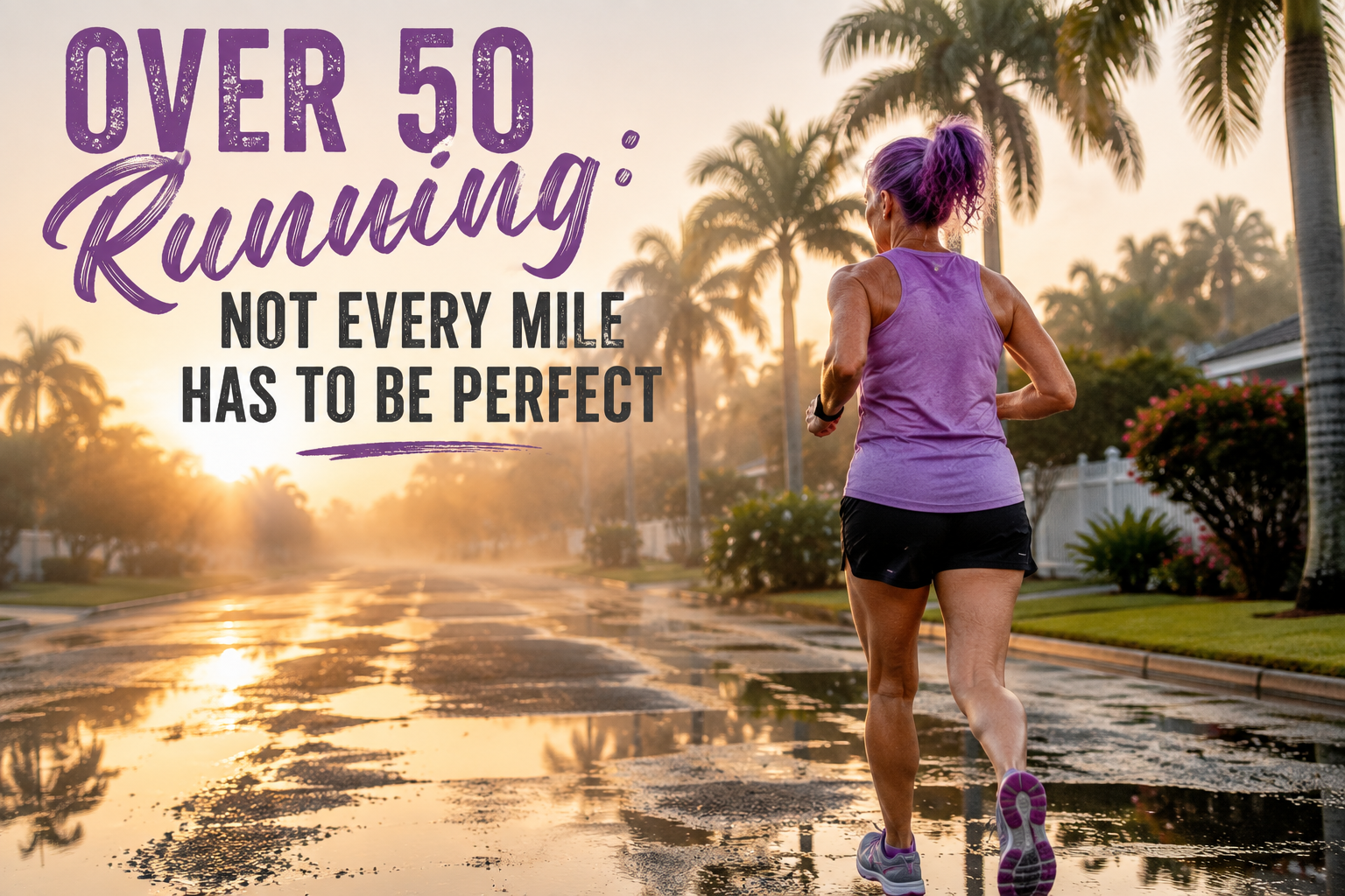 Woman over 50 running through humid Florida streets at sunrise, reminding runners that not every mile has to be perfect.