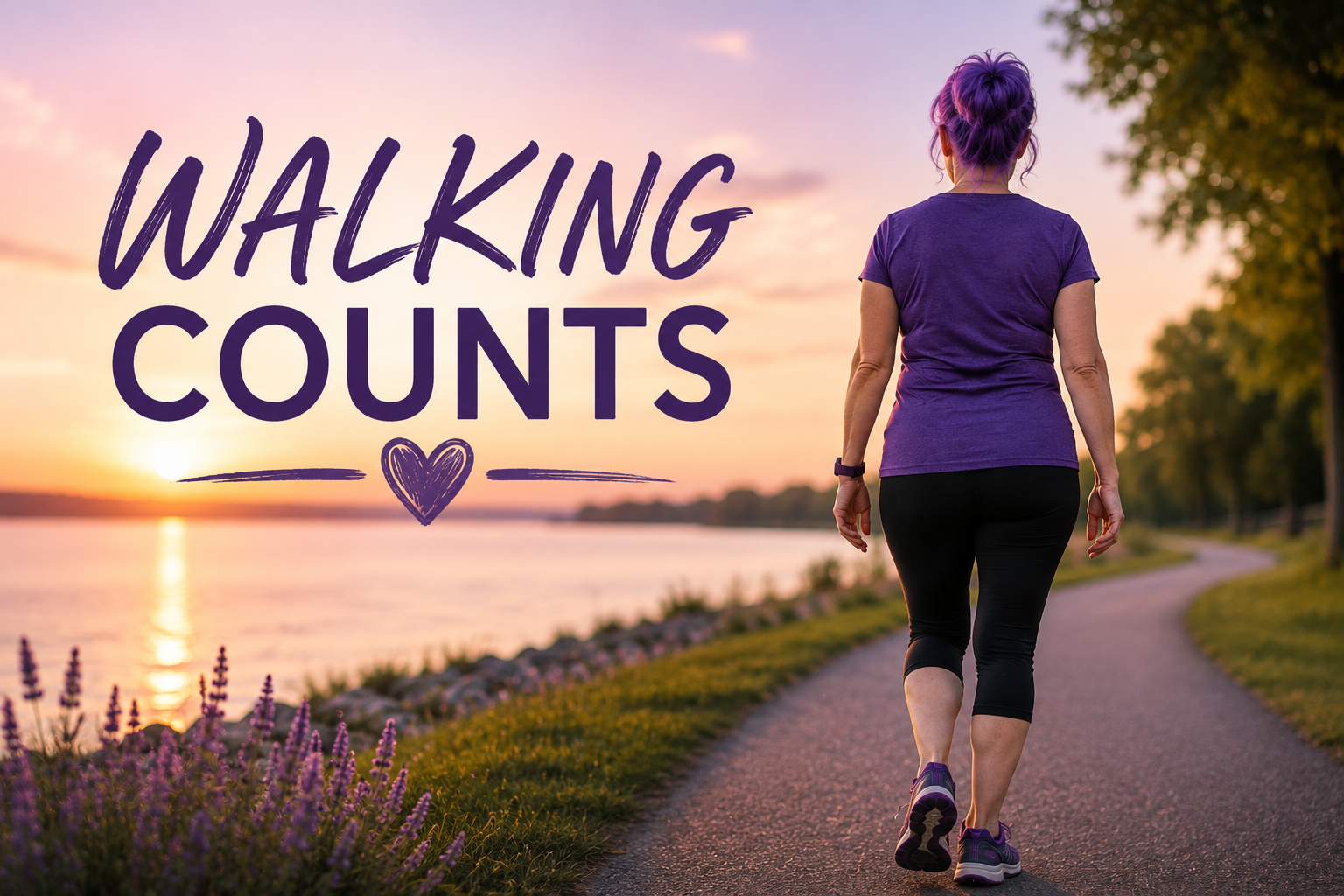 Woman with purple hair walking along a lakeside trail at sunrise, illustrating that walking counts as part of a fitness journey after age 50.